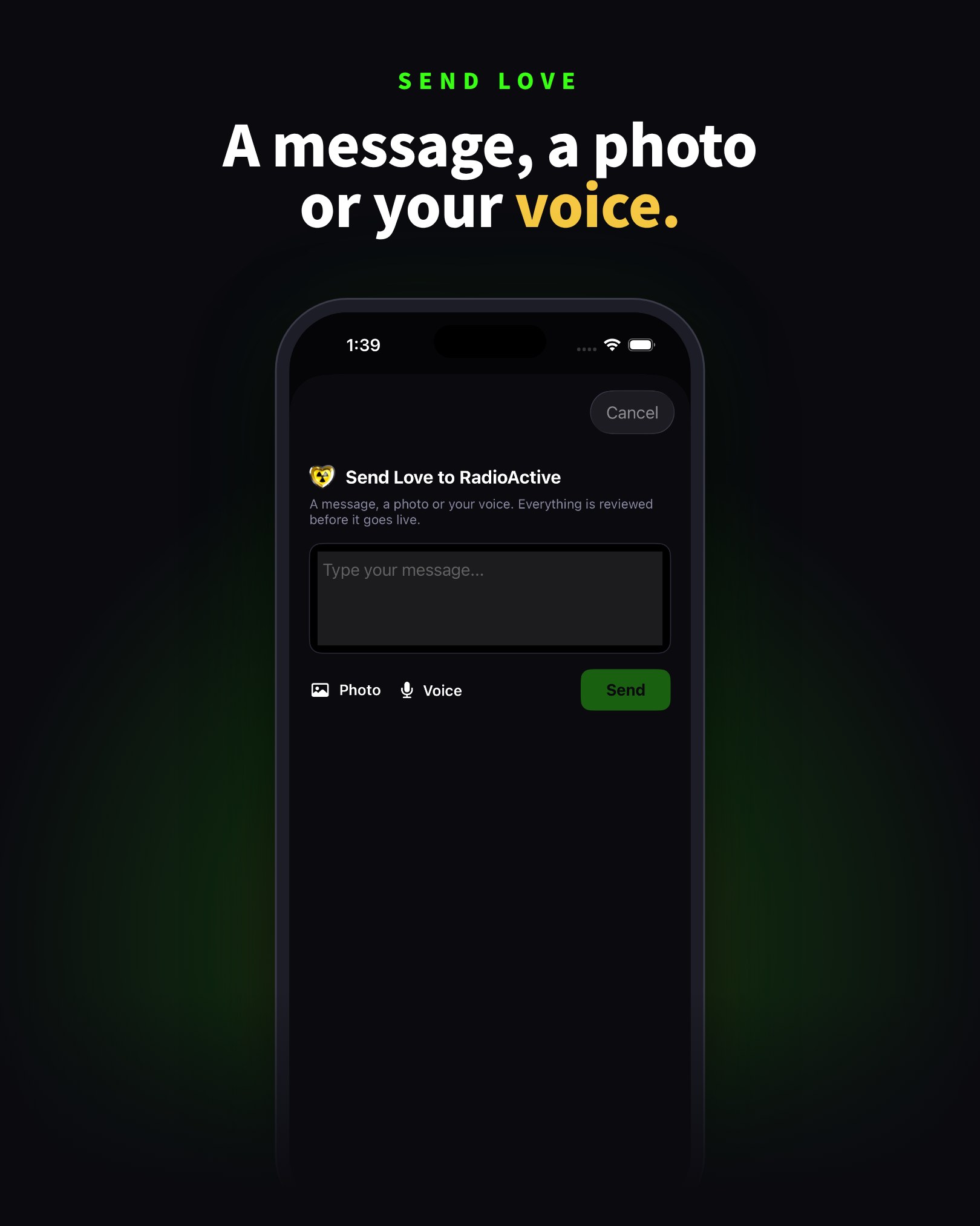 The Send Love panel, for a message, a photo or a voice recording