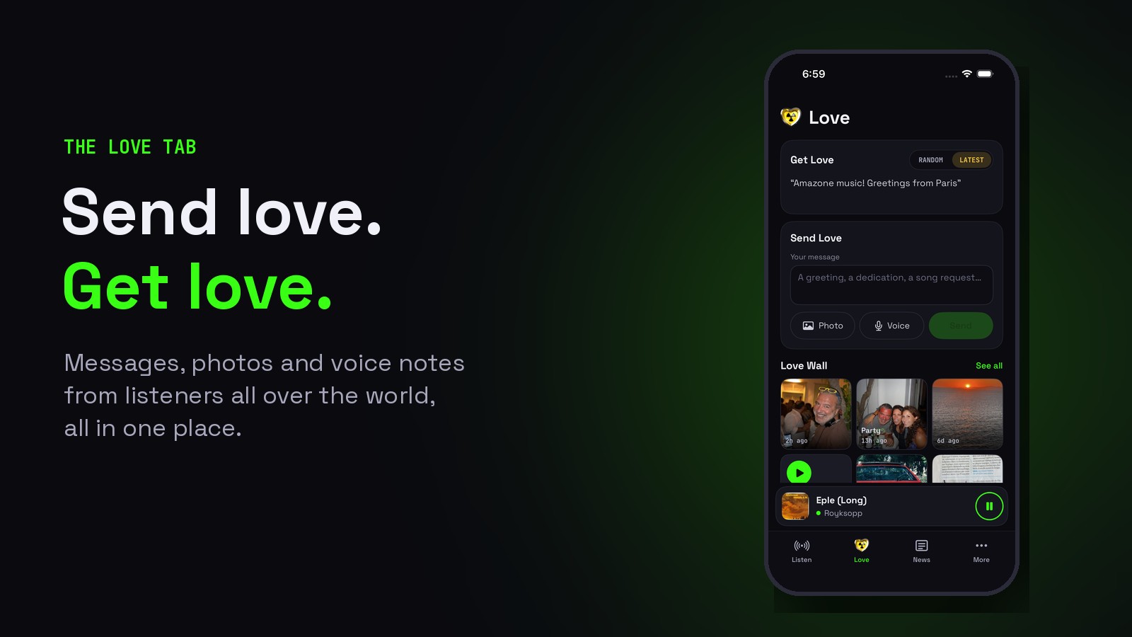 The Love tab with Get Love, Send Love and the Love Wall