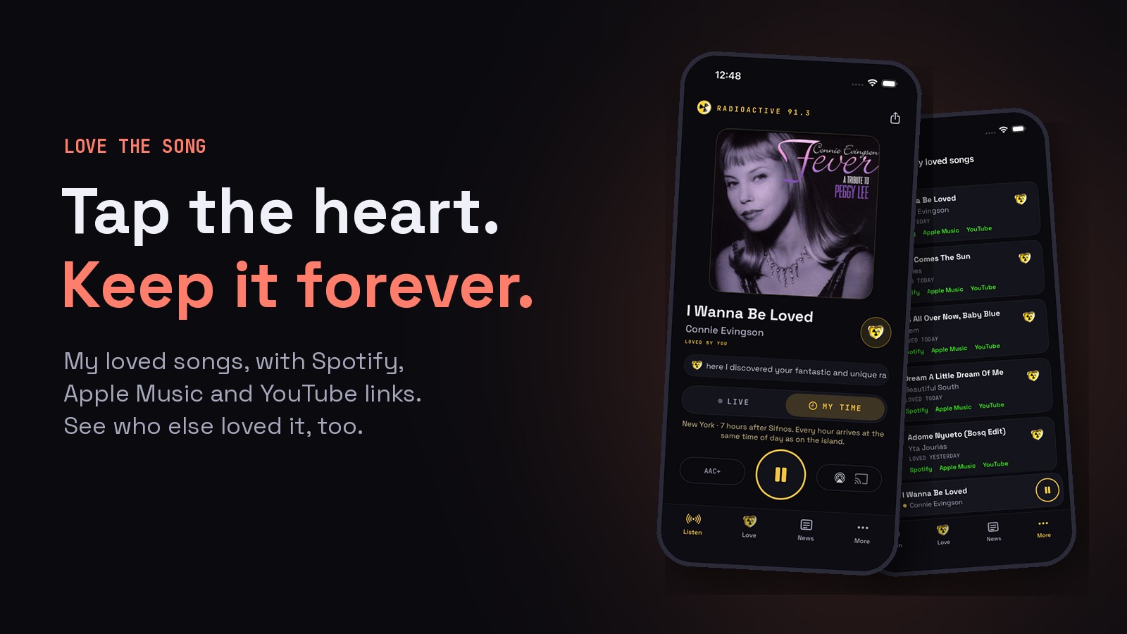 Tap the heart to keep a song in My loved songs