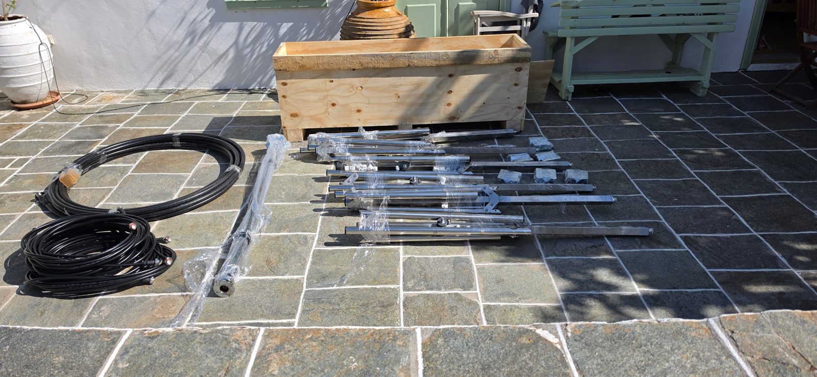 New FM antennas, power divider, and new coaxial cables for the RadioActive 91.3 FM transmitter site laid out before installation